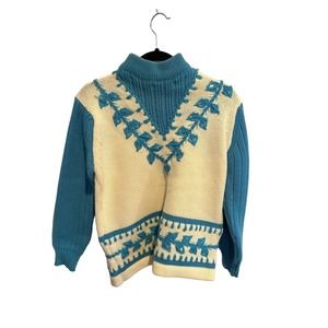 Vtg DONKENNY Womens Ski Sweater Blue Cream Embroidered Pullover Mock Neck Size M